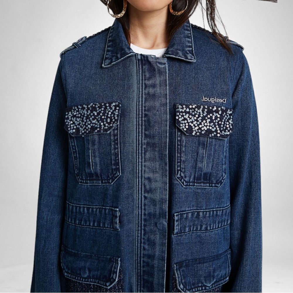 NWT DESIGUAL Mizuki Denim Sequin Belted Parka Jacket XL - Picture 3 of 16
